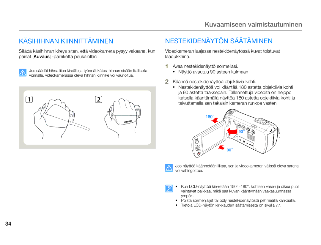 Samsung HMX-F90BP/EDC, HMX-F90WP/EDC manual Käsihihnan Kiinnittäminen, Nestekidenäytön Säätäminen 