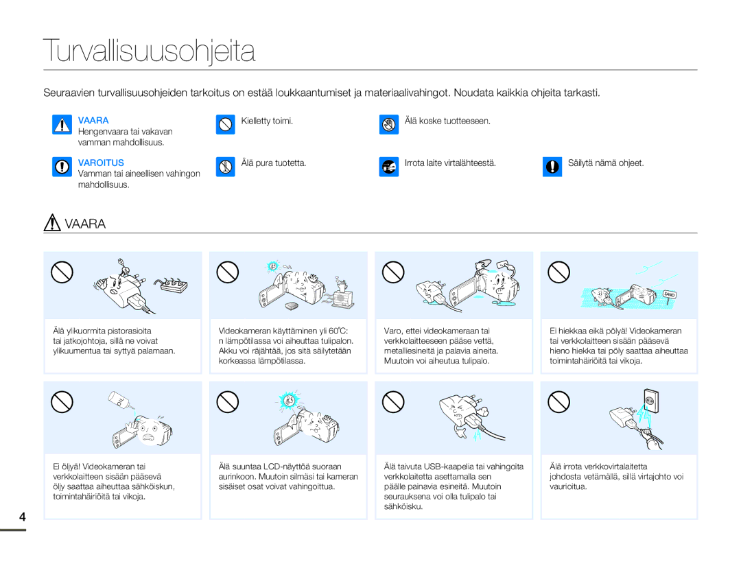 Samsung HMX-F90BP/EDC, HMX-F90WP/EDC manual Turvallisuusohjeita, Varoitus 
