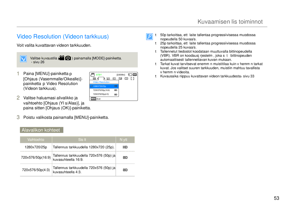 Samsung HMX-F90WP/EDC, HMX-F90BP/EDC manual Kuvaamisen lisätoiminnot, Video Resolution Videon tarkkuus 