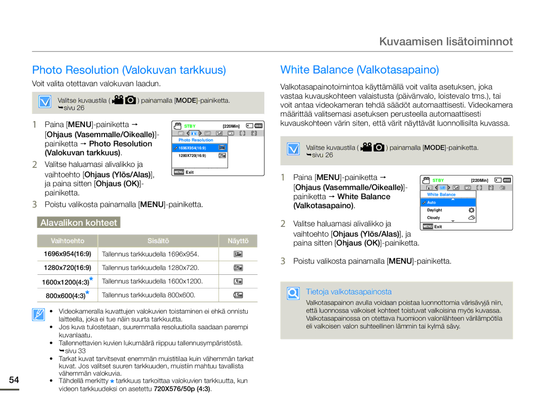 Samsung HMX-F90BP/EDC manual Voit valita otettavan valokuvan laadun, Ohjaus Vasemmalle/Oikealle Painiketta  White Balance 