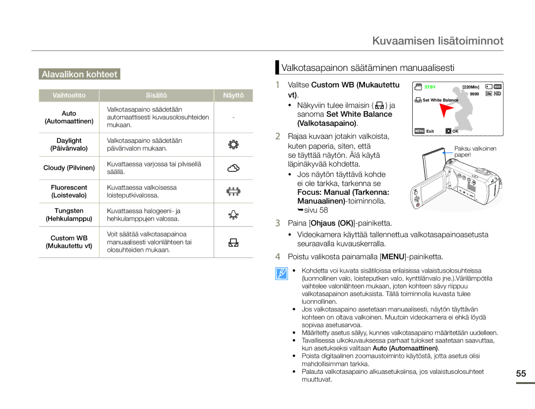 Samsung HMX-F90WP/EDC, HMX-F90BP/EDC manual Valkotasapainon säätäminen manuaalisesti 