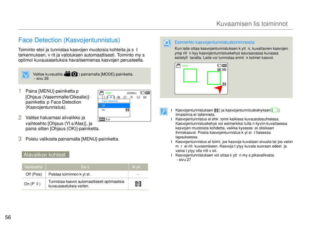 Samsung HMX-F90BP/EDC manual Face Detection Kasvojentunnistus, Ohjaus Vasemmalle/Oikealle Painiketta  Face Detection 