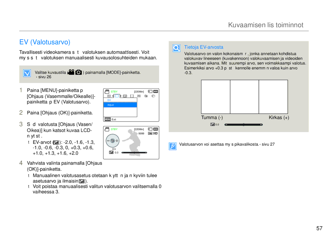 Samsung HMX-F90WP/EDC, HMX-F90BP/EDC manual EV Valotusarvo, Tietoja EV-arvosta, Tumma 