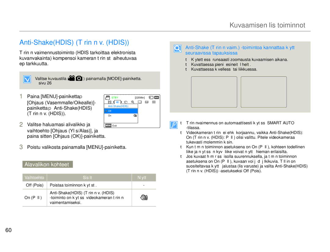 Samsung HMX-F90BP/EDC, HMX-F90WP/EDC manual Anti-ShakeHDIS Tärinän v. Hdis, Painiketta  Anti-ShakeHDIS 