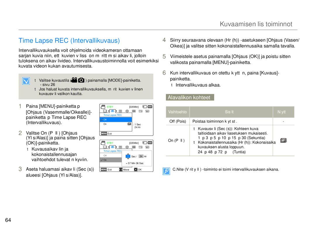Samsung HMX-F90BP/EDC, HMX-F90WP/EDC manual Time Lapse REC Intervallikuvaus 