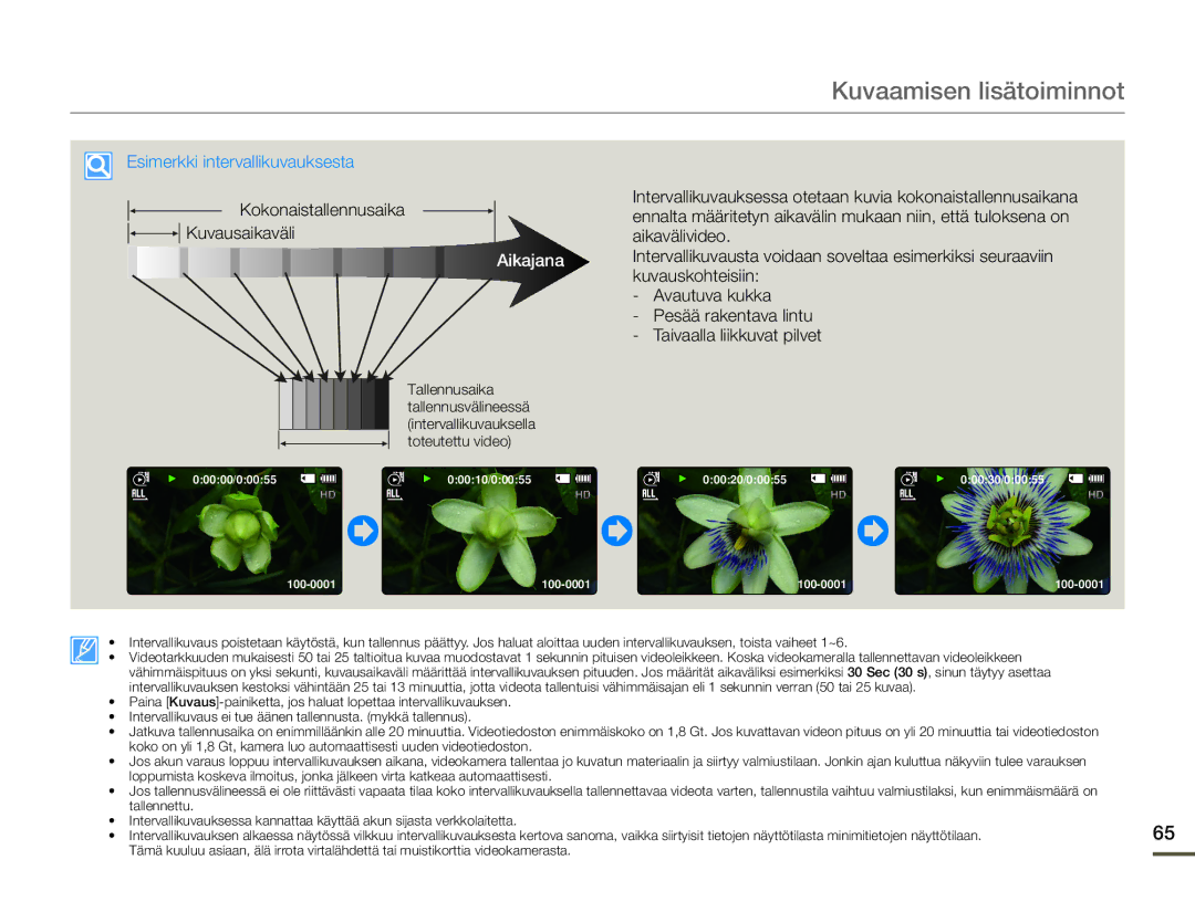 Samsung HMX-F90WP/EDC, HMX-F90BP/EDC manual Esimerkki intervallikuvauksesta, Kokonaistallennusaika Kuvausaikaväli 
