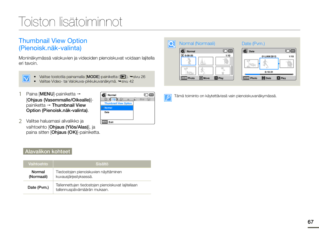 Samsung HMX-F90WP/EDC, HMX-F90BP/EDC manual Toiston lisätoiminnot, Thumbnail View Option Pienoisk.näk-valinta 