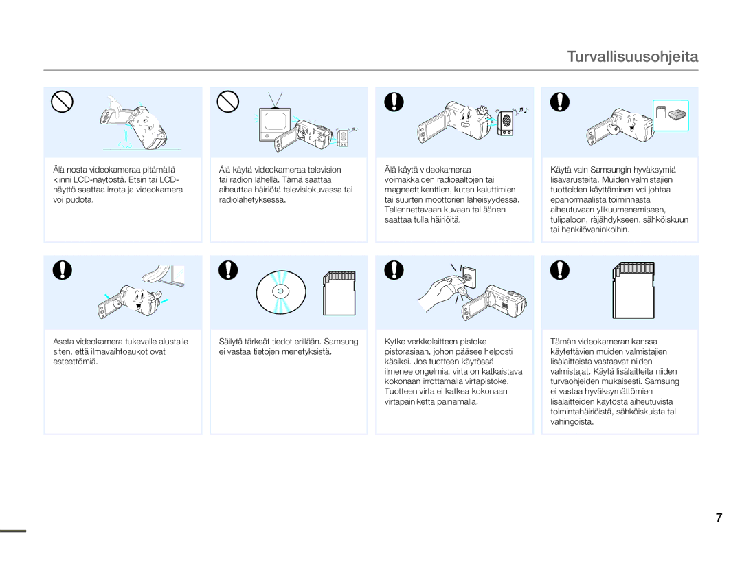 Samsung HMX-F90WP/EDC, HMX-F90BP/EDC manual Turvallisuusohjeita 