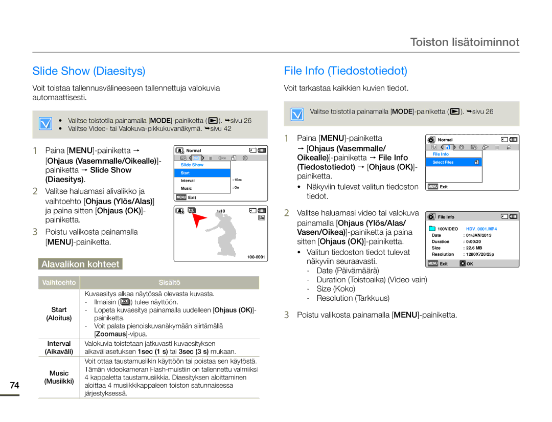 Samsung HMX-F90BP/EDC, HMX-F90WP/EDC manual Slide Show Diaesitys File Info Tiedostotiedot 