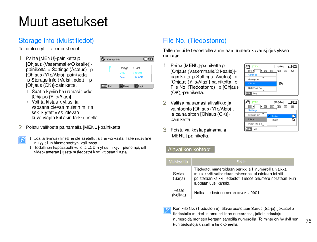 Samsung HMX-F90WP/EDC, HMX-F90BP/EDC manual Muut asetukset, Storage Info Muistitiedot, File No. Tiedostonro 