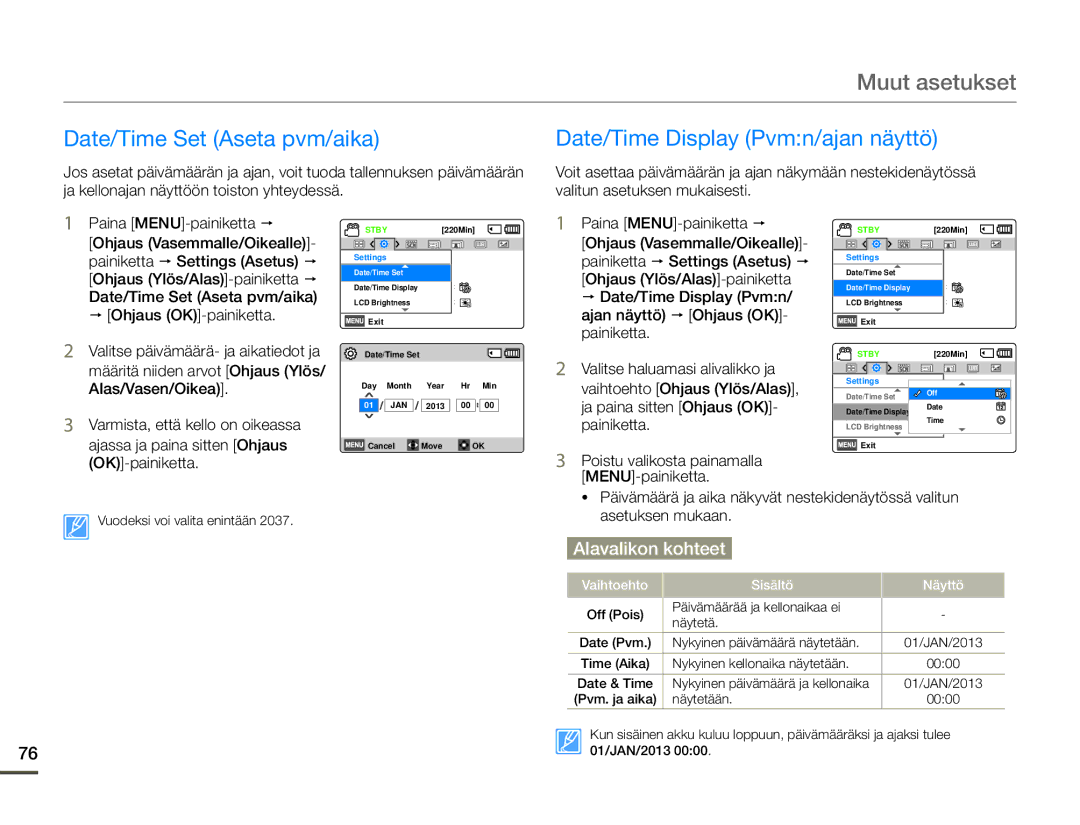 Samsung HMX-F90BP/EDC, HMX-F90WP/EDC manual Muut asetukset, Date/Time Set Aseta pvm/aika, Date/Time Display Pvmn/ajan näyttö 
