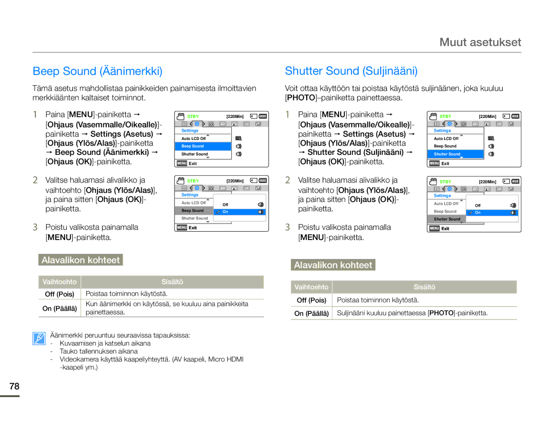Samsung HMX-F90BP/EDC, HMX-F90WP/EDC manual Beep Sound Äänimerkki, Shutter Sound Suljinääni 