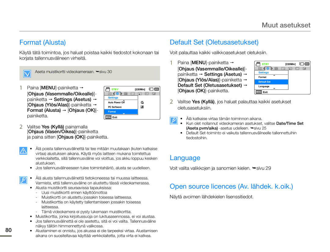 Samsung HMX-F90BP/EDC manual Format Alusta Default Set Oletusasetukset, Language, Open source licences Av. lähdek. k.oik 