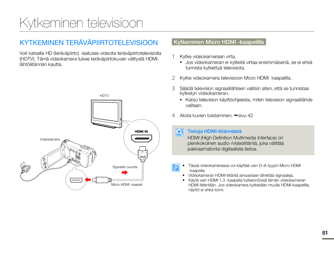 Samsung HMX-F90WP/EDC manual Kytkeminen televisioon, Kytkeminen Teräväpiirtotelevisioon, Kytkeminen Micro Hdmi -kaapelilla 