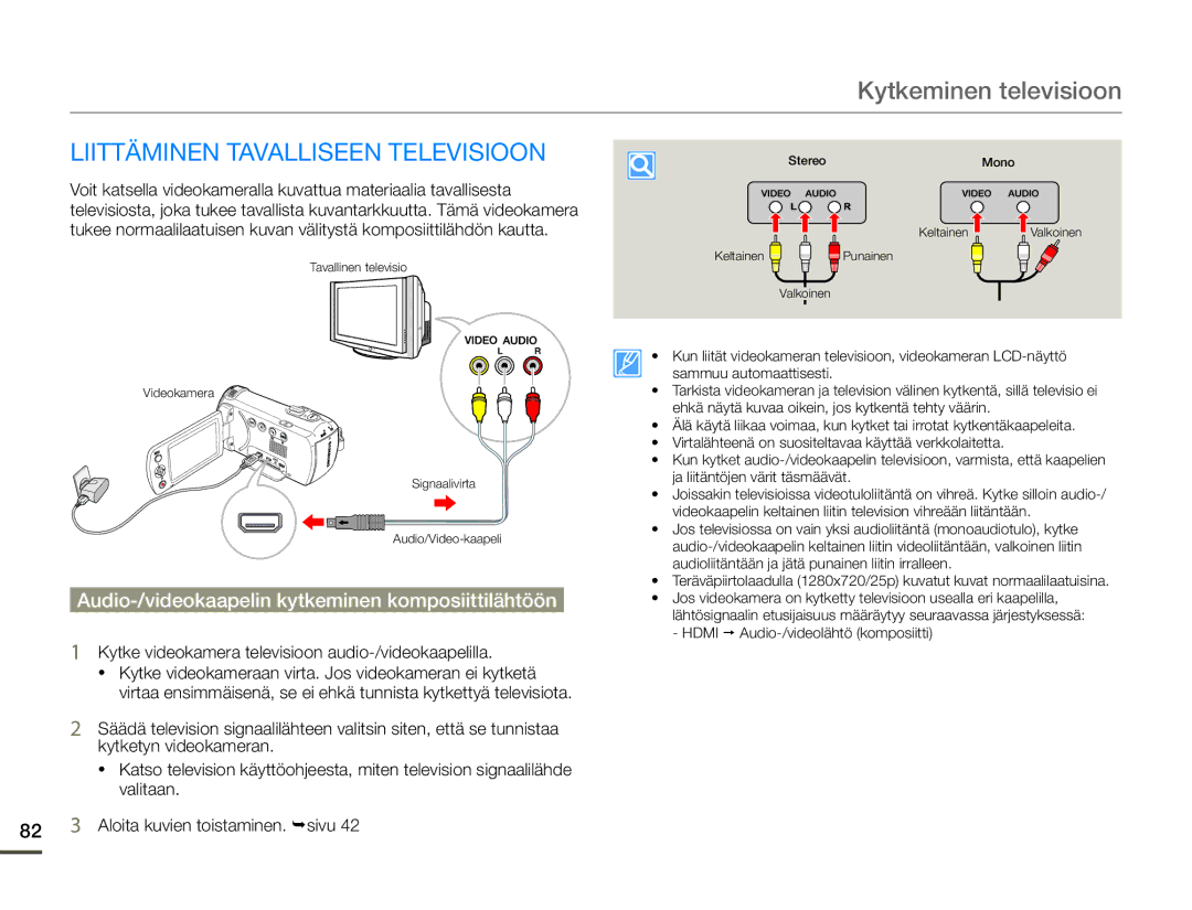 Samsung HMX-F90BP/EDC Kytkeminen televisioon, Liittäminen Tavalliseen Televisioon, 82 3 Aloita kuvien toistaminen. sivu 