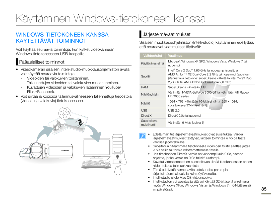 Samsung HMX-F90WP/EDC manual Käyttäminen Windows-tietokoneen kanssa, WINDOWS-TIETOKONEEN Kanssa Käytettävät Toiminnot 