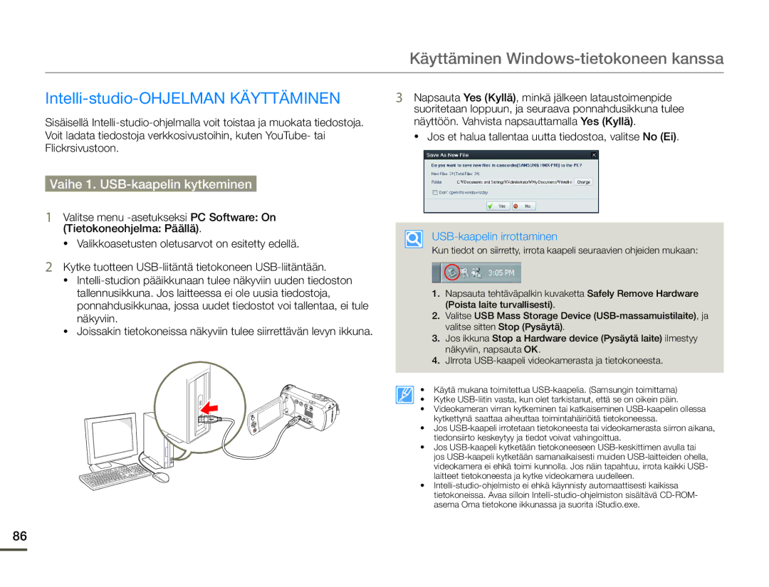 Samsung HMX-F90BP/EDC, HMX-F90WP/EDC manual Käyttäminen Windows-tietokoneen kanssa, Intelli-studio-OHJELMAN Käyttäminen 