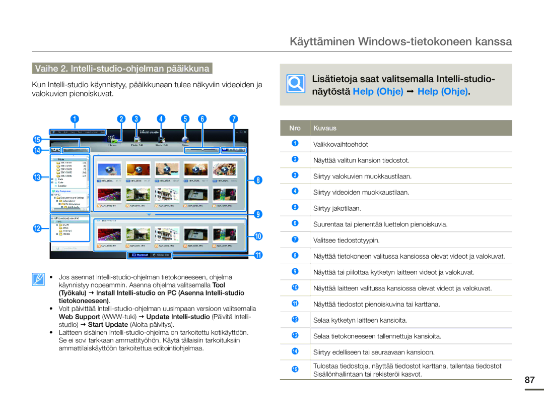 Samsung HMX-F90WP/EDC manual Vaihe 2. Intelli-studio-ohjelman pääikkuna, Lisätietoja saat valitsemalla Intelli-studio 