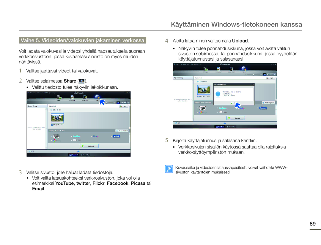 Samsung HMX-F90WP/EDC, HMX-F90BP/EDC manual Vaihe 5. Videoiden/valokuvien jakaminen verkossa 