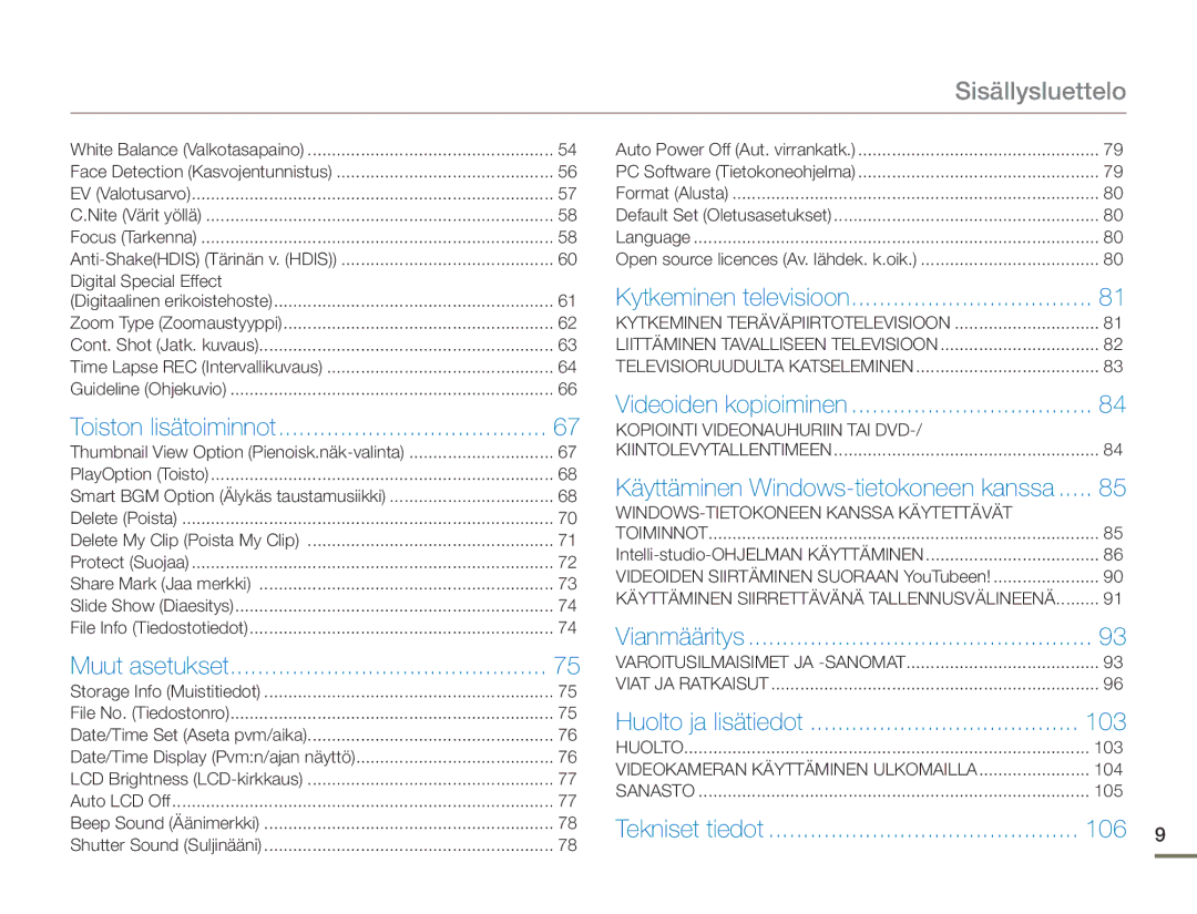 Samsung HMX-F90WP/EDC, HMX-F90BP/EDC manual Sisällysluettelo, 103, 106 