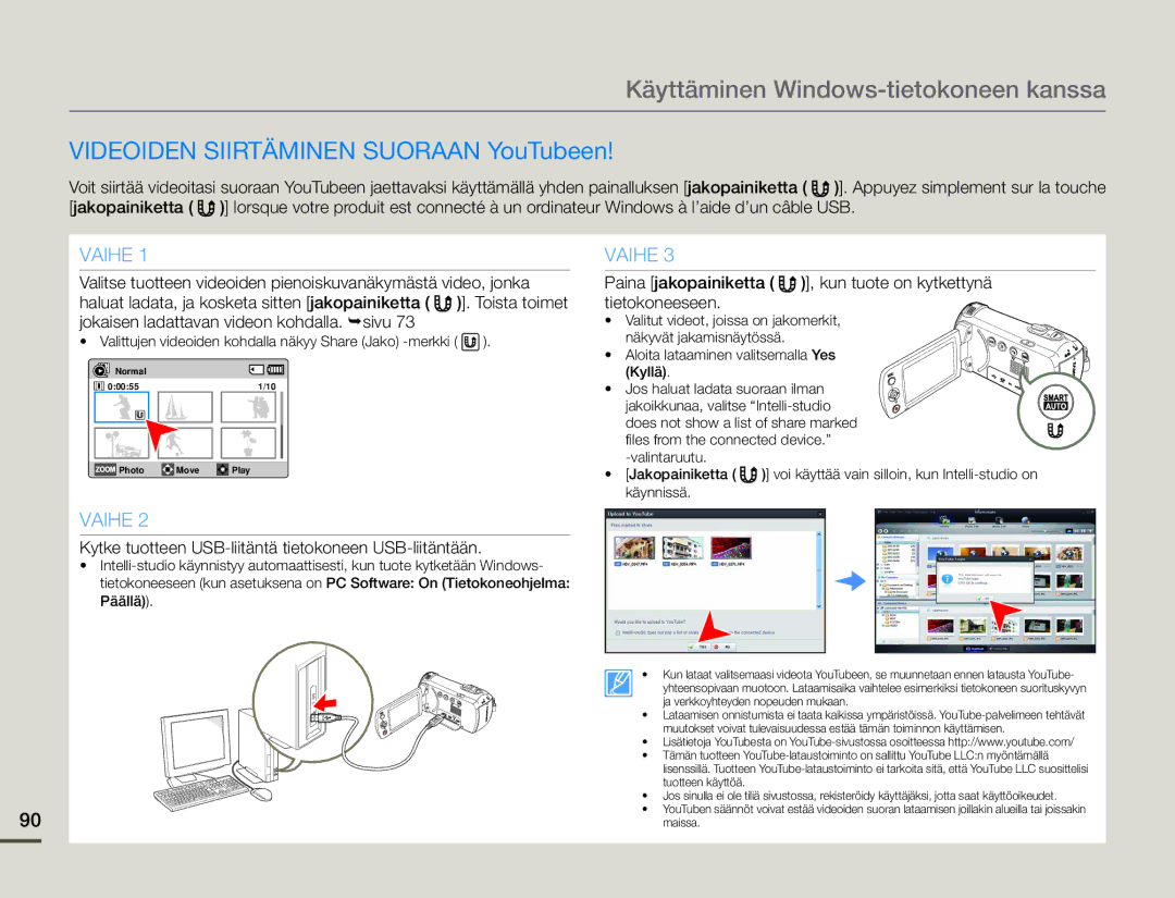 Samsung HMX-F90BP/EDC, HMX-F90WP/EDC manual Videoiden Siirtäminen Suoraan YouTubeen, Vaihe 