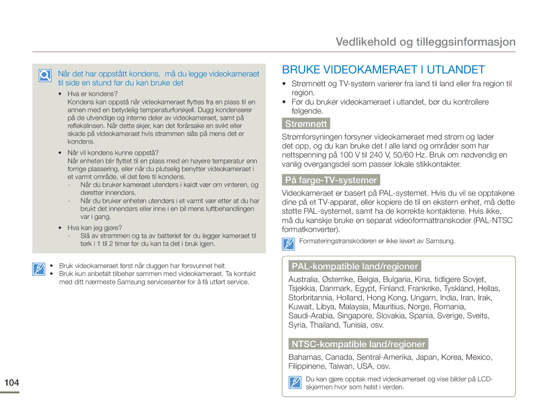 Samsung HMX-F90BP/EDC, HMX-F90WP/EDC manual Vedlikehold og tilleggsinformasjon, Bruke Videokameraet I Utlandet 