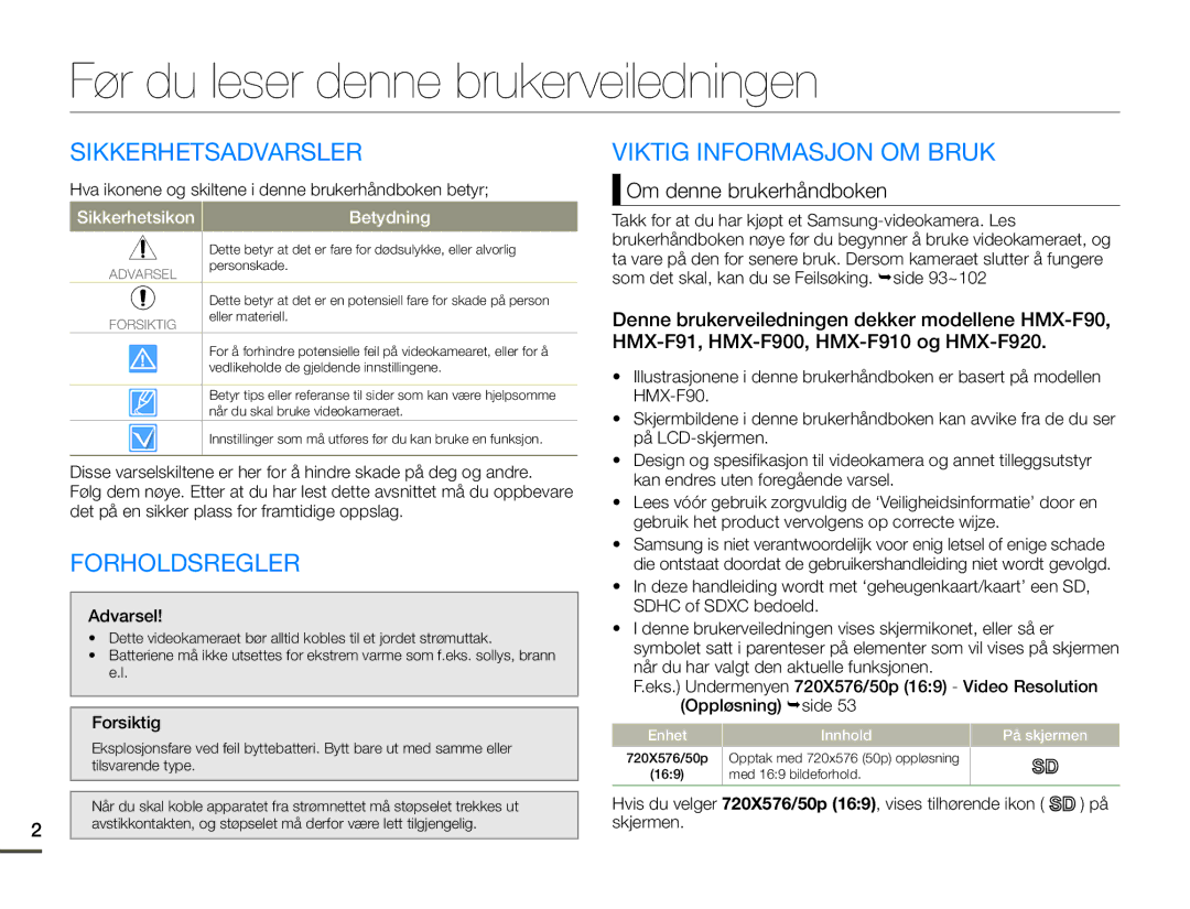 Samsung HMX-F90BP/EDC Før du leser denne brukerveiledningen, Sikkerhetsadvarsler, Forholdsregler, Om denne brukerhåndboken 