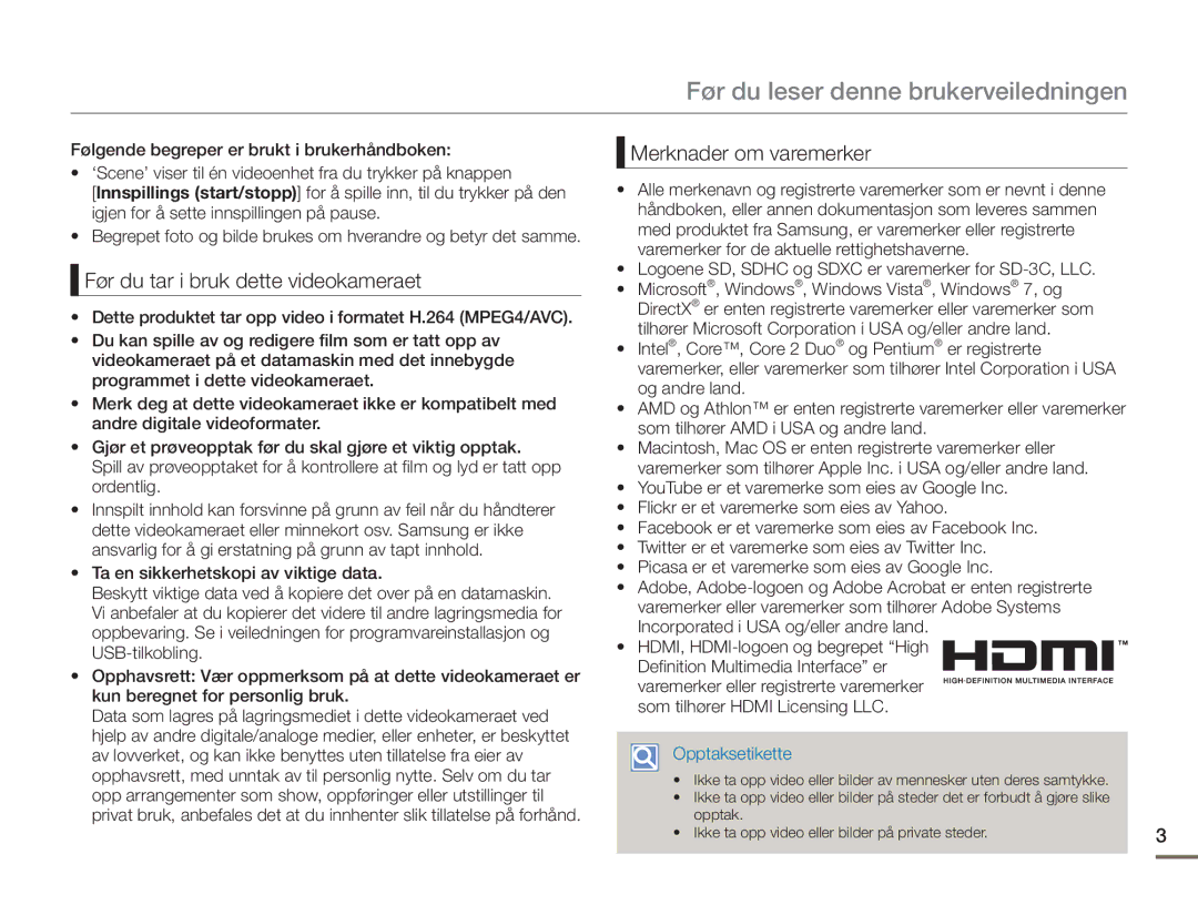 Samsung HMX-F90WP/EDC manual Før du leser denne brukerveiledningen, Før du tar i bruk dette videokameraet, Opptaksetikette 