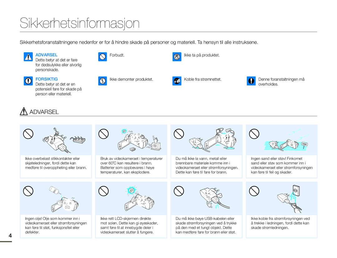 Samsung HMX-F90BP/EDC, HMX-F90WP/EDC manual Sikkerhetsinformasjon, Forsiktig 