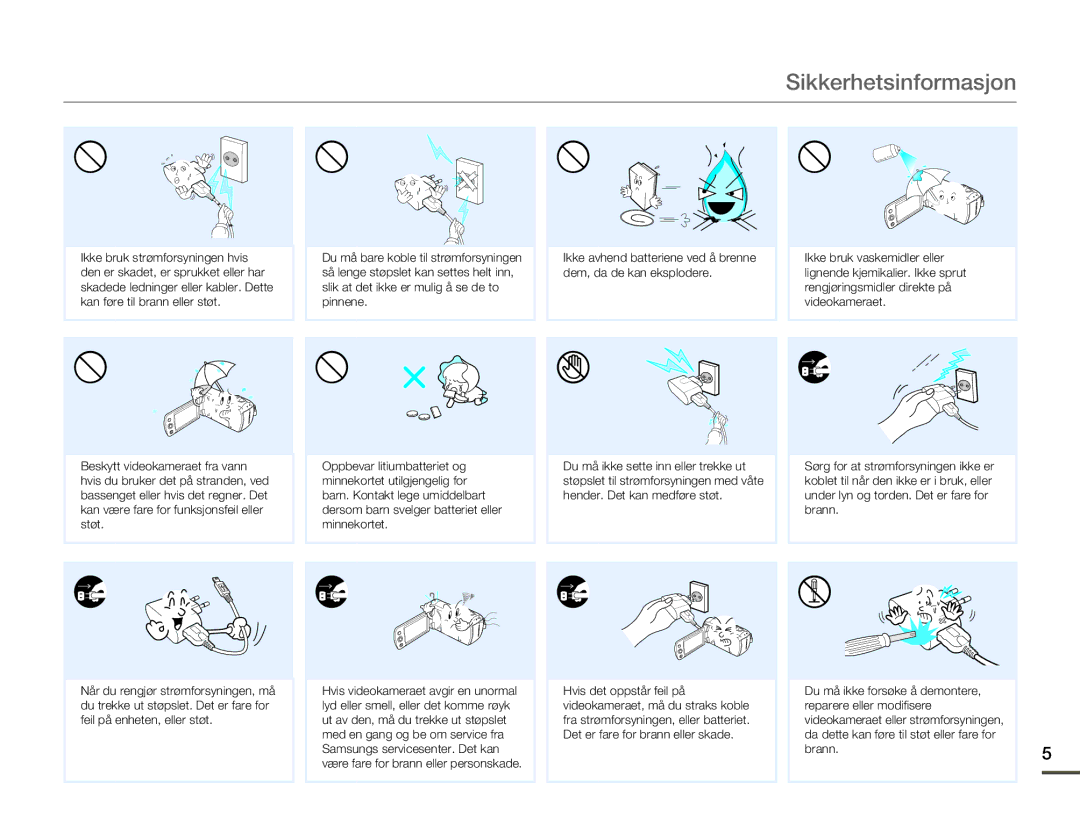 Samsung HMX-F90WP/EDC, HMX-F90BP/EDC manual Sikkerhetsinformasjon 
