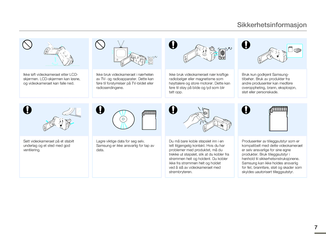 Samsung HMX-F90WP/EDC, HMX-F90BP/EDC manual Sikkerhetsinformasjon 