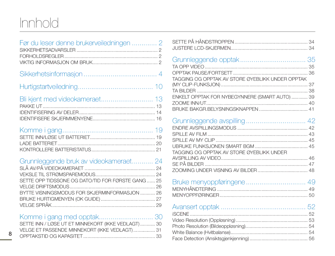 Samsung HMX-F90BP/EDC, HMX-F90WP/EDC manual Innhold, Før du leser denne brukerveiledningen 