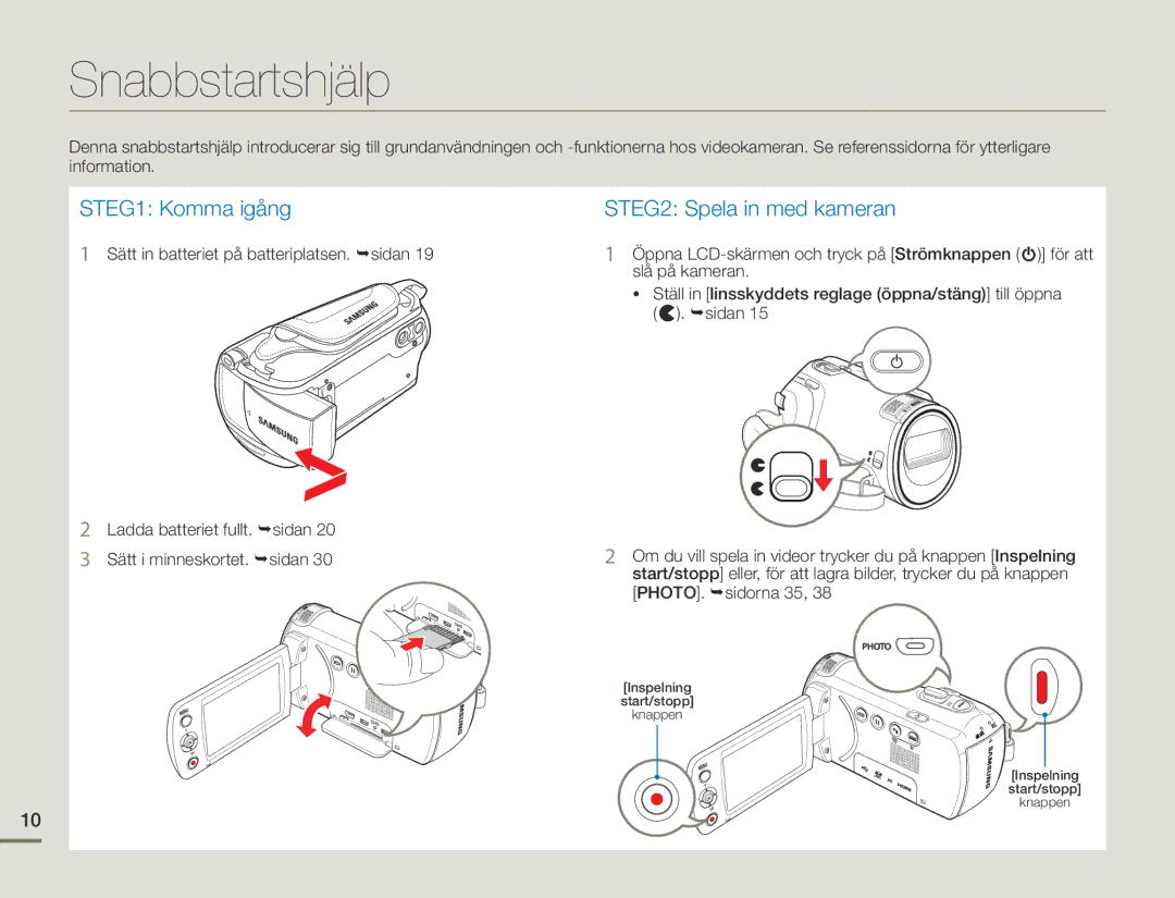 Samsung HMX-F90BP/EDC, HMX-F90WP/EDC manual Snabbstartshjälp, STEG1 Komma igång 