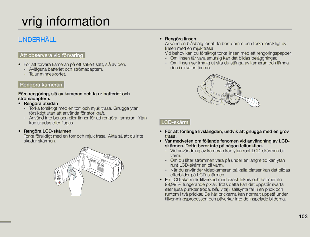 Samsung HMX-F90WP/EDC, HMX-F90BP/EDC Övrig information, Underhåll, Att observera vid förvaring, Rengöra kameran, LCD-skärm 