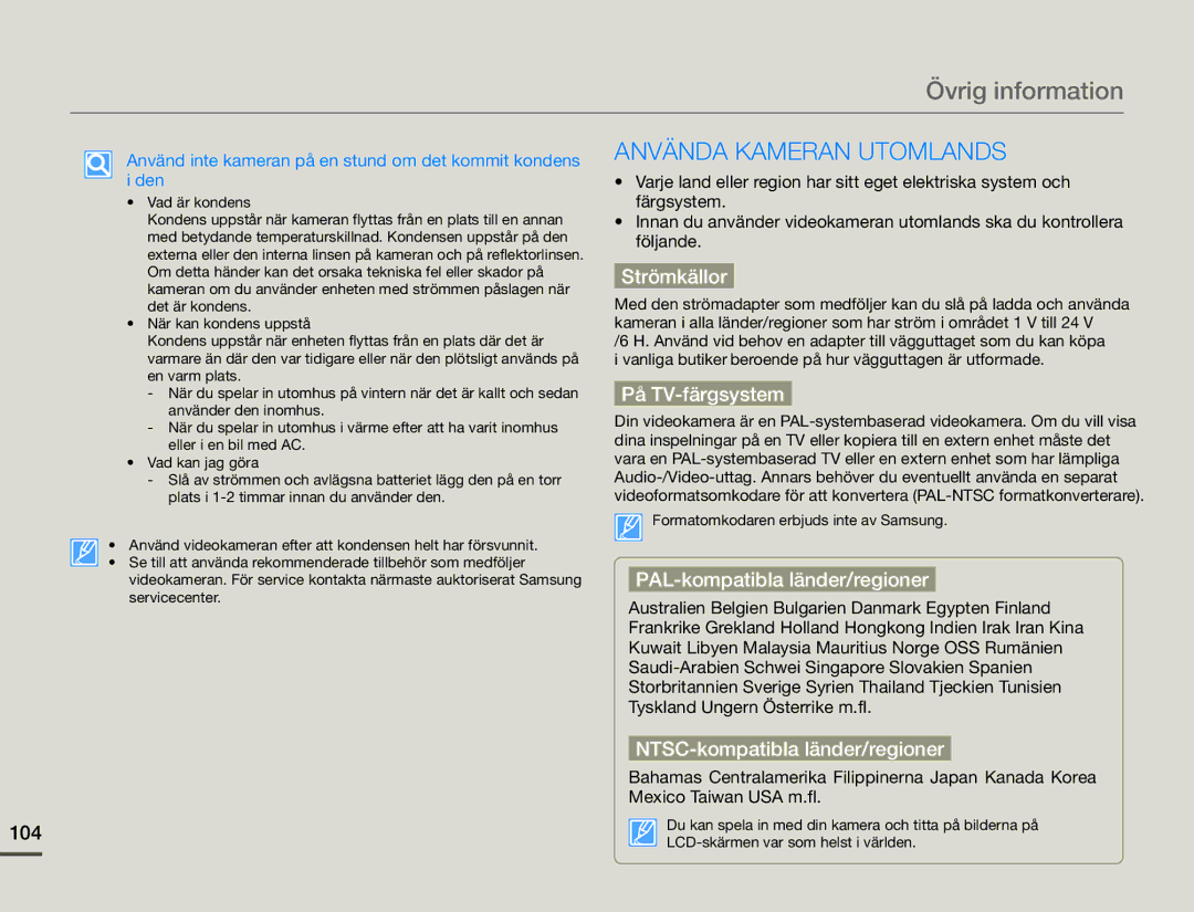 Samsung HMX-F90BP/EDC, HMX-F90WP/EDC manual Övrig information, Använda Kameran Utomlands 