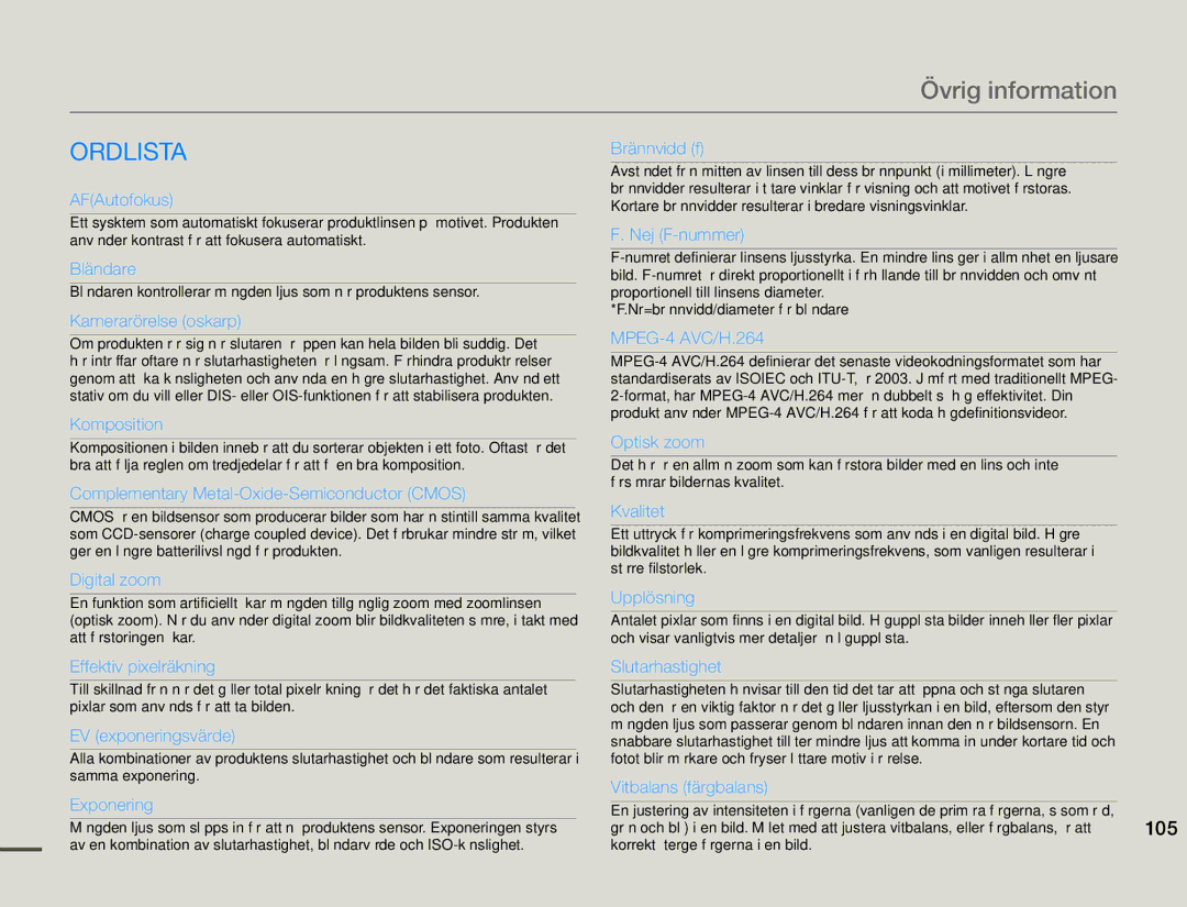 Samsung HMX-F90WP/EDC, HMX-F90BP/EDC manual Ordlista, AFAutofokus 