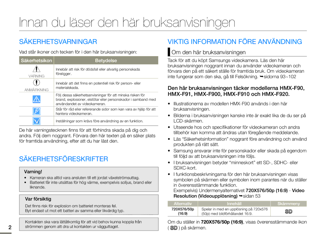 Samsung HMX-F90BP/EDC, HMX-F90WP/EDC Innan du läser den här bruksanvisningen, Säkerhetsvarningar, Säkerhetsföreskrifter 