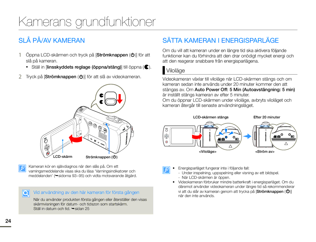 Samsung HMX-F90BP/EDC, HMX-F90WP/EDC Kamerans grundfunktioner, SLÅ PÅ/AV Kameran, Sätta Kameran I Energisparläge, Viloläge 