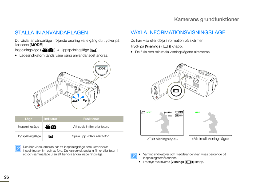 Samsung HMX-F90BP/EDC, HMX-F90WP/EDC manual Ställa in Användarlägen, Växla Informationsvisningsläge, Fullt visningsläge 