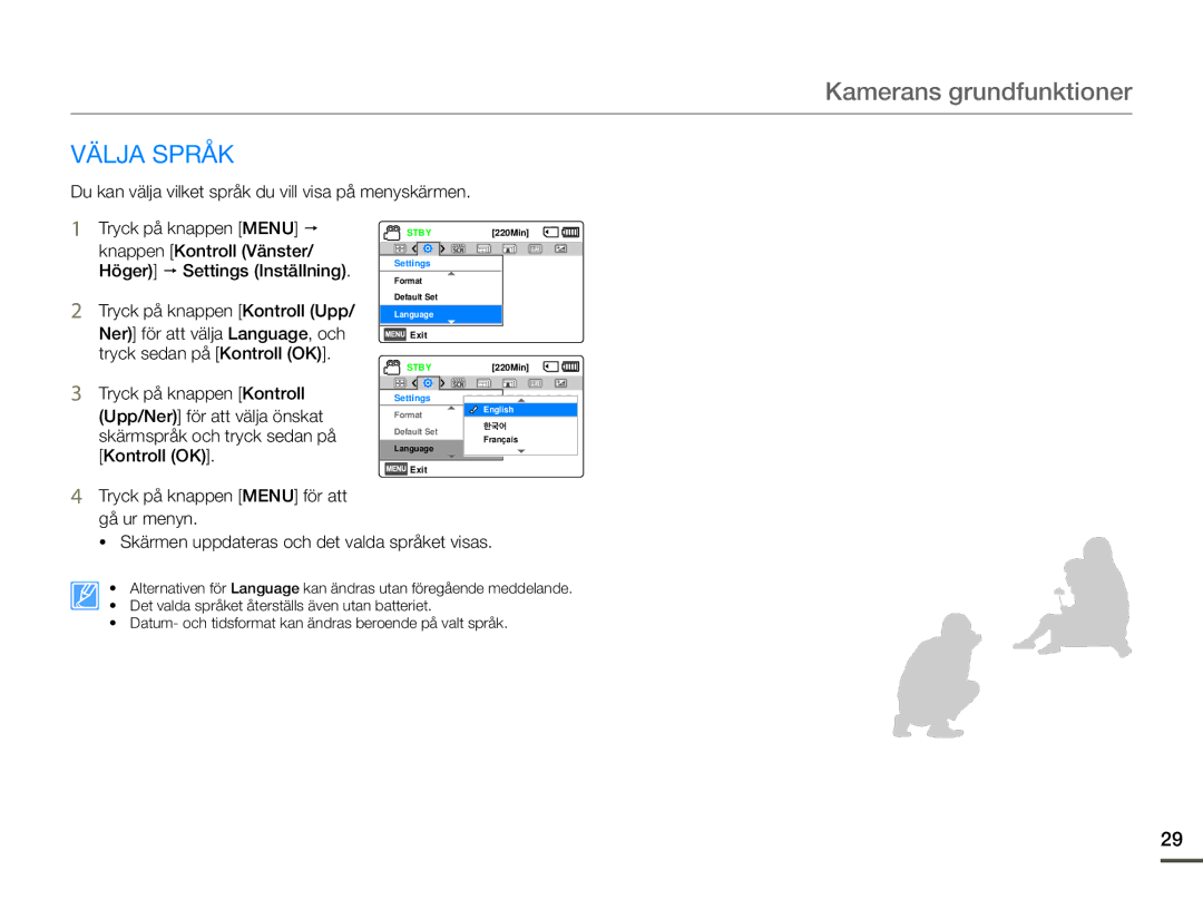 Samsung HMX-F90WP/EDC, HMX-F90BP/EDC manual Välja Språk, Tryck på knappen Kontroll Upp 