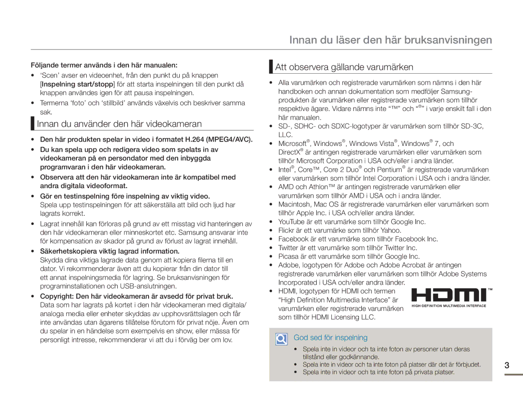 Samsung HMX-F90WP/EDC, HMX-F90BP/EDC manual Innan du läser den här bruksanvisningen, Innan du använder den här videokameran 