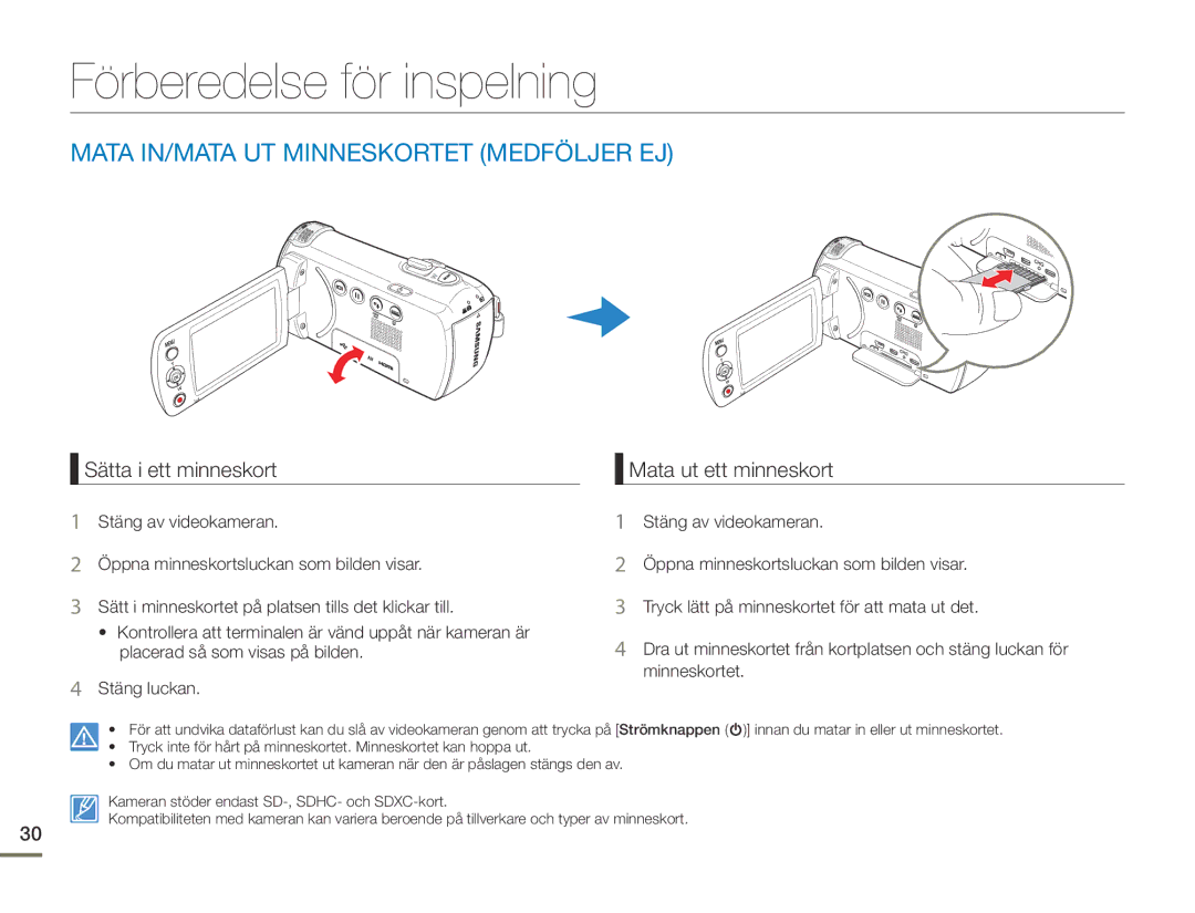 Samsung HMX-F90BP/EDC manual Förberedelse för inspelning, Mata IN/MATA UT Minneskortet Medföljer EJ, Sätta i ett minneskort 