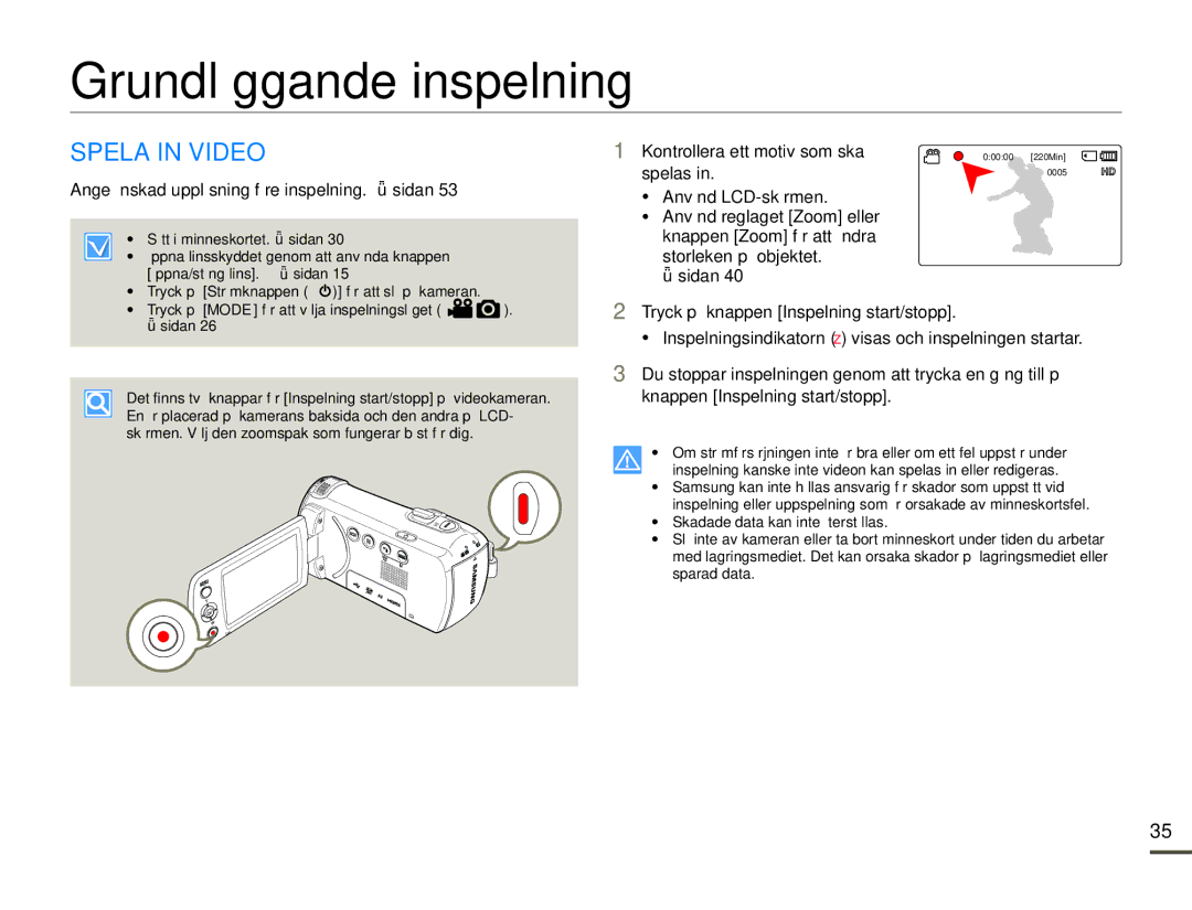 Samsung HMX-F90WP/EDC Grundläggande inspelning, Spela in Video, Ange önskad upplösning före inspelning. sidan, Spelas 