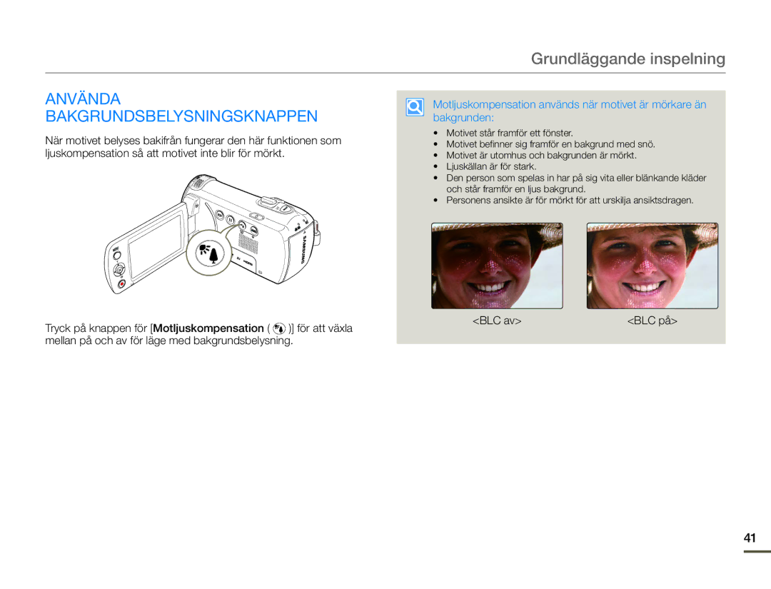 Samsung HMX-F90WP/EDC, HMX-F90BP/EDC manual Använda Bakgrundsbelysningsknappen, BLC av BLC på 