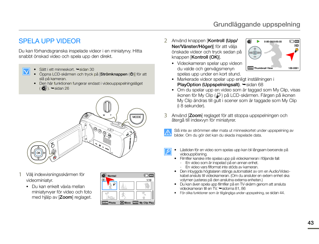 Samsung HMX-F90WP/EDC Grundläggande uppspelning, Spela UPP Videor, Använd knappen Kontroll Upp, Du valde och genvägsmenyn 