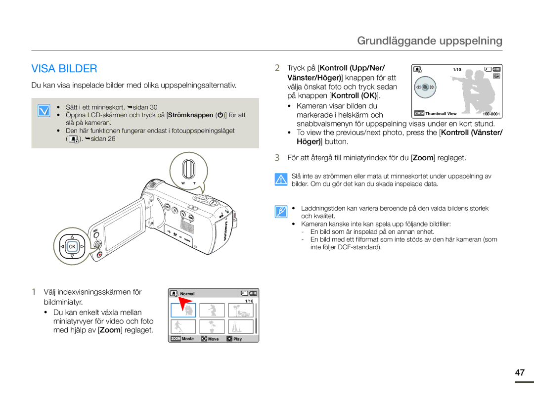 Samsung HMX-F90WP/EDC, HMX-F90BP/EDC Visa Bilder, Tryck på Kontroll Upp/Ner, Välj indexvisningsskärmen för bildminiatyr 