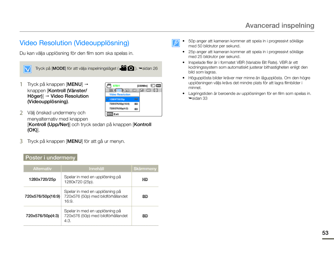 Samsung HMX-F90WP/EDC, HMX-F90BP/EDC manual Avancerad inspelning, Video Resolution Videoupplösning 