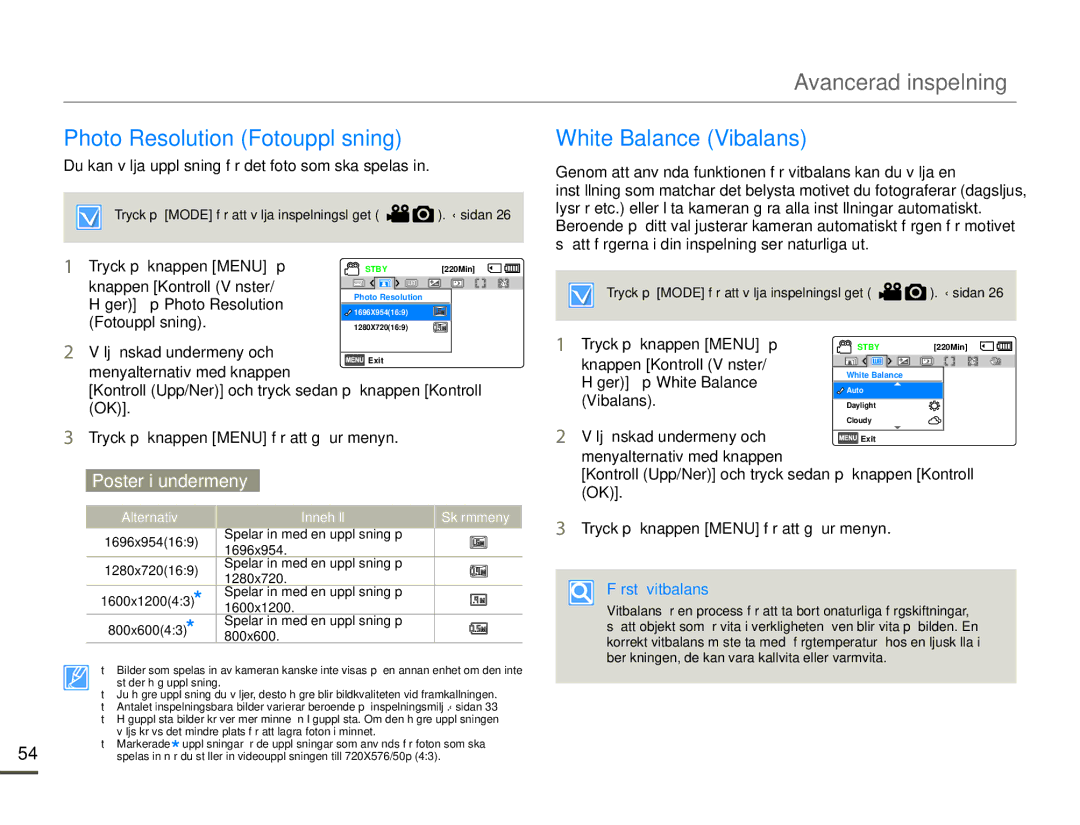 Samsung HMX-F90BP/EDC Photo Resolution Fotoupplösning, White Balance Vibalans, Tryck på knappen Menu , Förstå vitbalans 