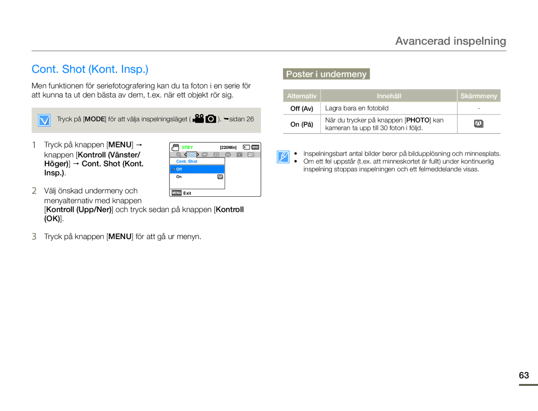 Samsung HMX-F90WP/EDC, HMX-F90BP/EDC manual Cont. Shot Kont. Insp, Alternativ Innehåll Skärmmeny 