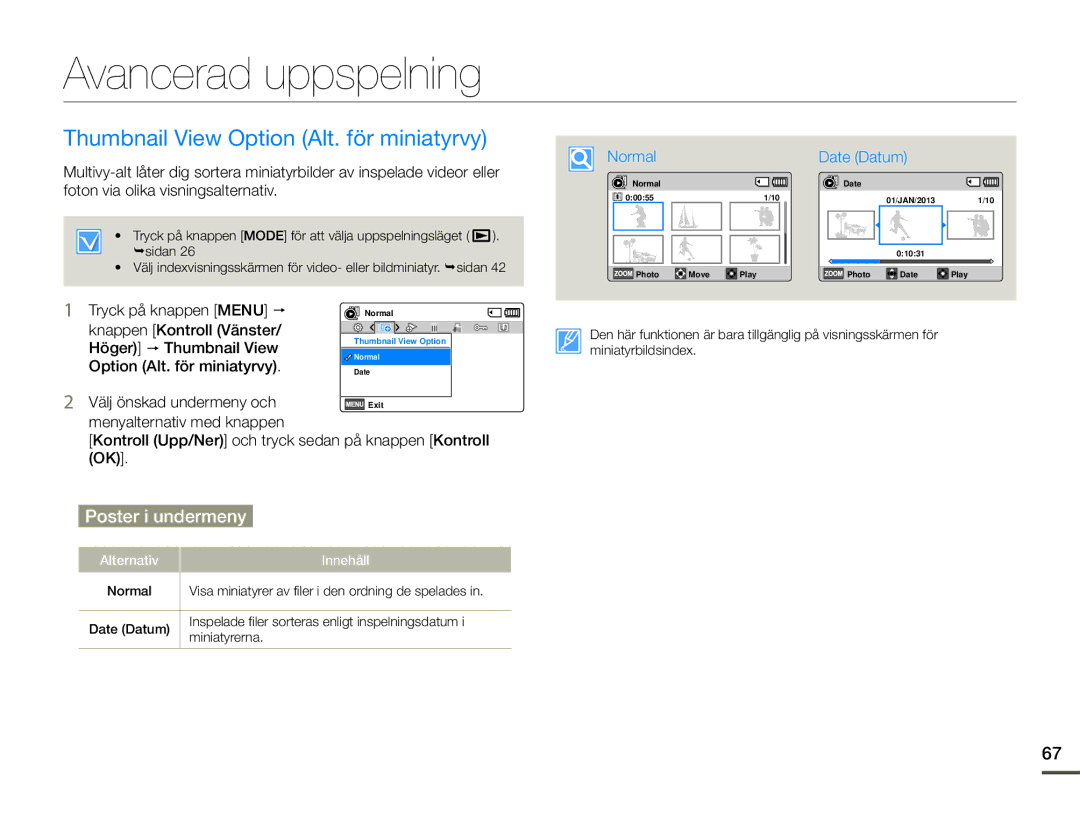 Samsung HMX-F90WP/EDC, HMX-F90BP/EDC manual Avancerad uppspelning, Thumbnail View Option Alt. för miniatyrvy 